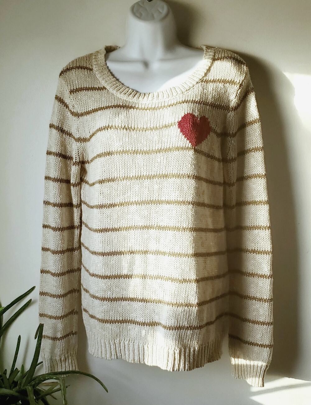 Tory Burch Womens Cream Striped Heart Linen Blend Sweater Size Medium Boho